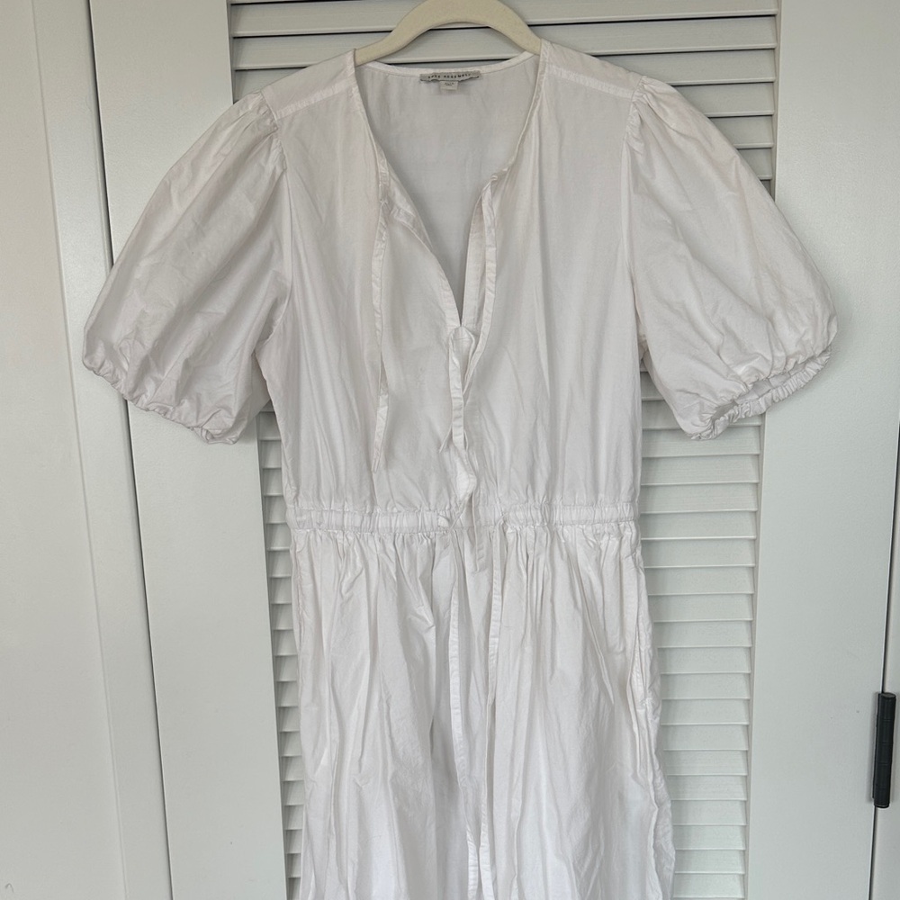 Puff-Sleeve White Midi Dress with Cinched Waist